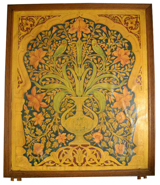 Hand-painted panel by John Lockwood Kipling. Ewbank's image.